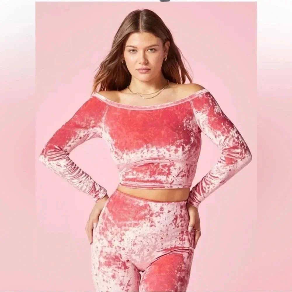 Yitty Plusshy Shaping Top Pink Velour Velvet Crop Top Long Sleeve 1X Barbie